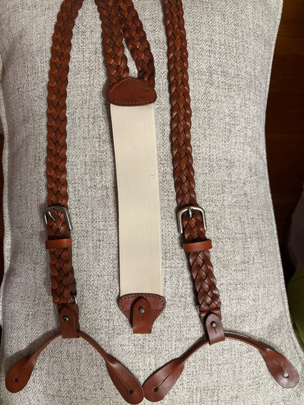 Trafalgar Braided Brown Leather Suspenders with Elastic Back
